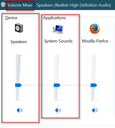Sound Mixer in Windows 10