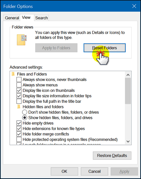 restore default folder locations windows 10