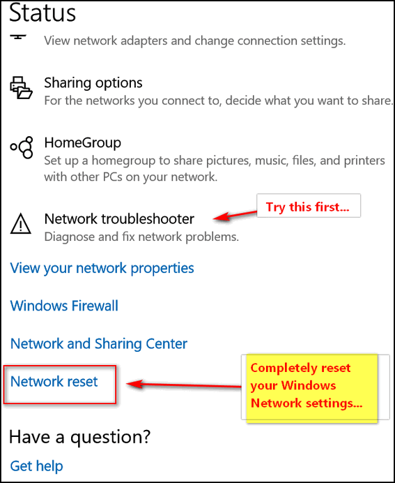 network settings not working in windows 10
