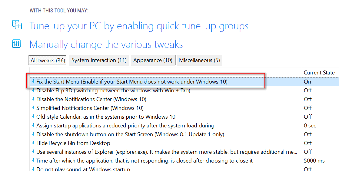 Fix Windows 10 Start Menu tweak