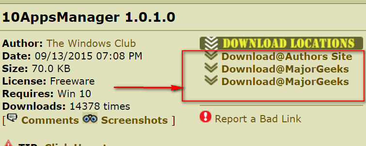 Major Geeks' Download Links for 10APPSManager