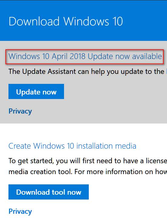 Windows 10 April 2018 Download Options
