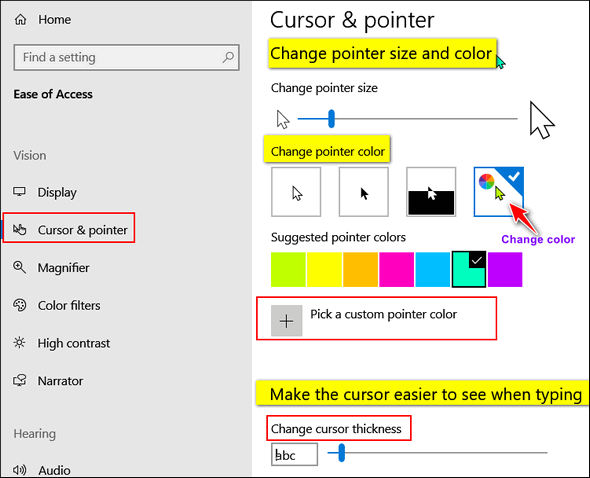 change size of mouse pointer windows 10