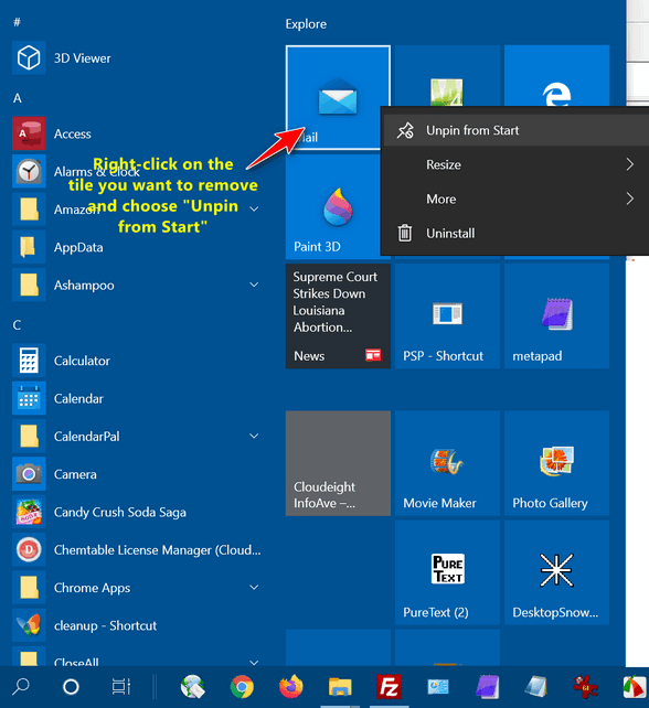 Slim down the Windows 10 Start menu