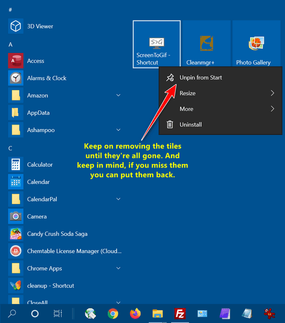 Slim down the Windows 10 Start menu