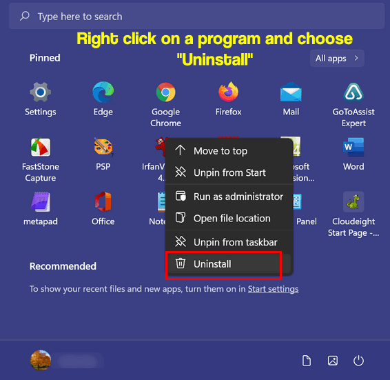 Uninstall programs using the Windows 11 Start Menu - Cloudeight