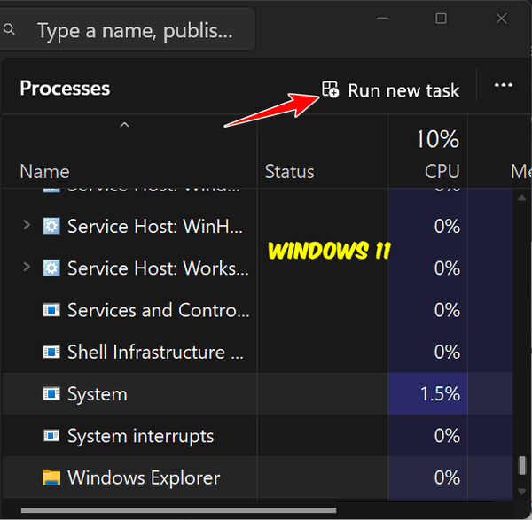 Run New Task - Start Windows Explorer - Windows 11